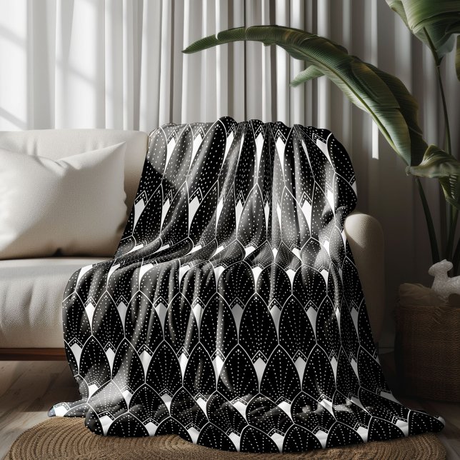 White Art Deco Pattern On Black Background Fleece Blanket (Creator Uploaded)