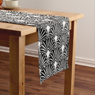 White Art Deco pattern on black background Medium Table Runner