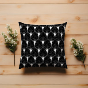 White Art Deco Pattern On Black Background Throw Pillow