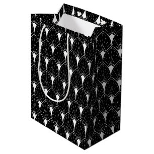 White Art Deco Pattern On Black Medium Gift Bag