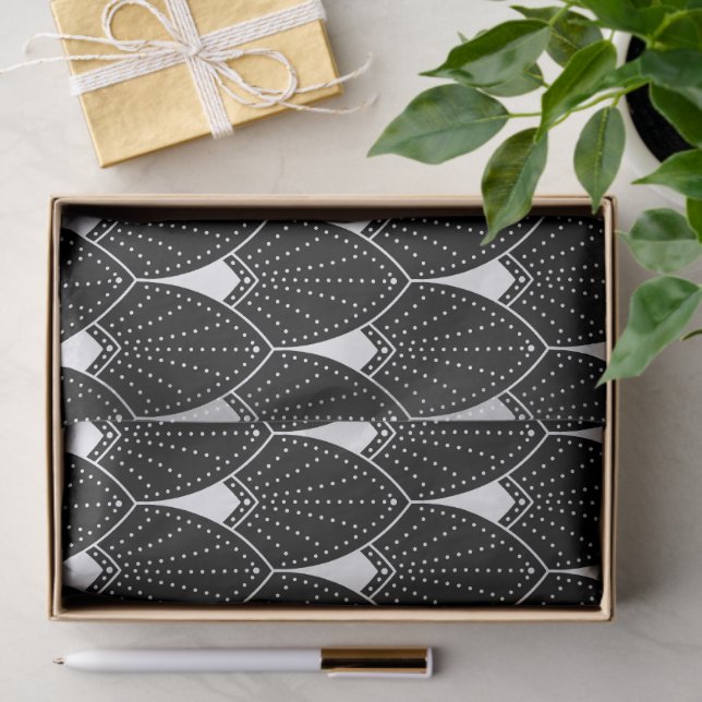 White Art Deco Pattern On Black Tissue Paper (Gift)