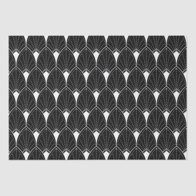 White Art Deco Pattern On Black Tissue Paper (Front)
