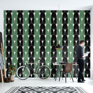 White Art Deco Pattern on green black stripes Wallpaper