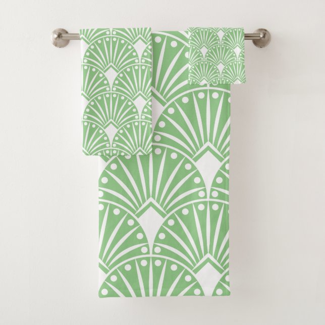 White Art Deco pattern on light green background Bath Towel Set (Insitu)