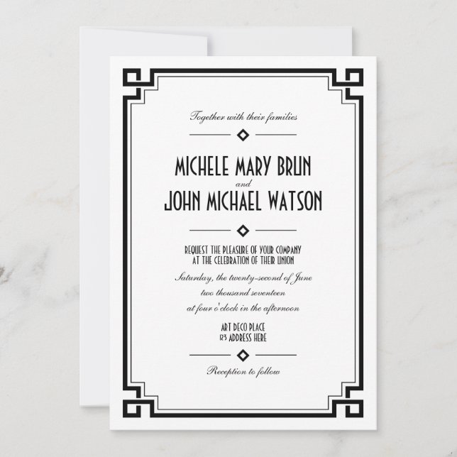 White Art Deco Retro Frame Wedding Invitation (Front)