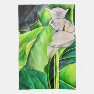 White Arum Lily watercolor tropical floral Kitchen Towel