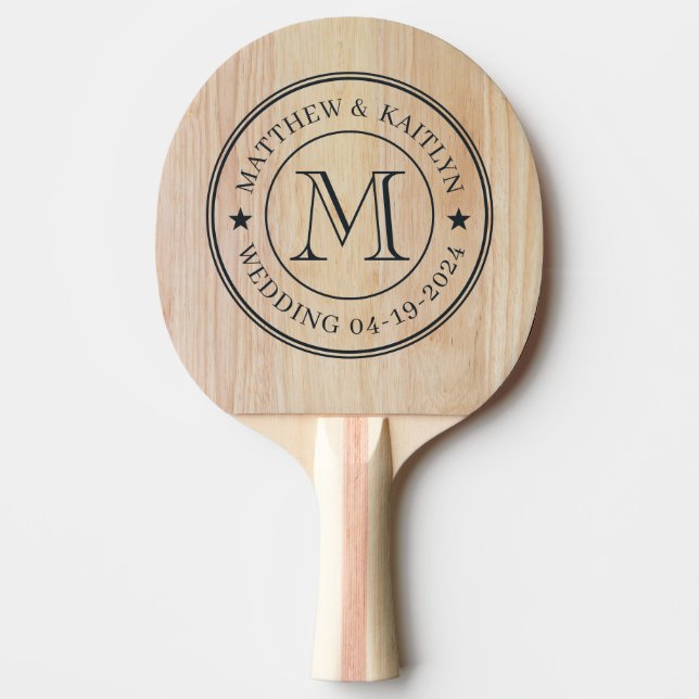 White Ash Wood Wedding Monogram Star Ping Pong Paddle (Front)