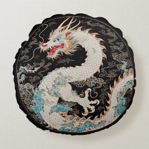 White Asian Dragon and Clouds Round Pillow