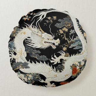 White Asian Dragon Round Throw Pillow