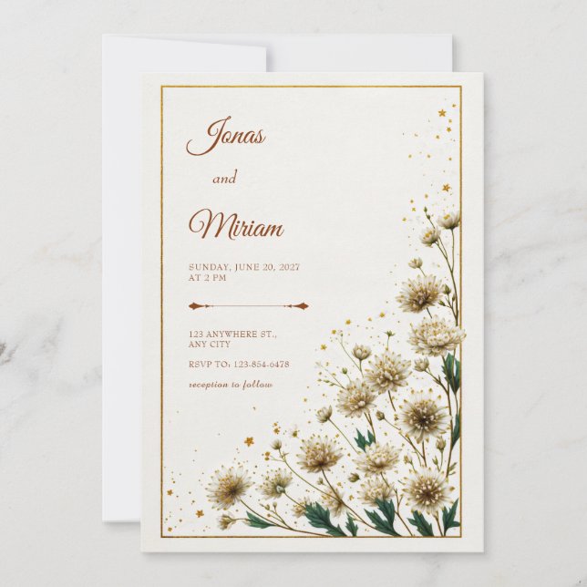 White Astrantia Gold Gilded Wedding Invitation (Front)