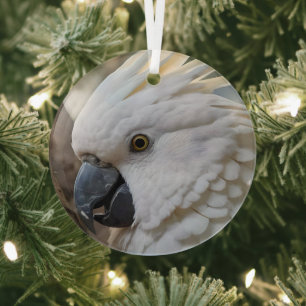 White Australian Cockatoo Parrot, Glass Ornament