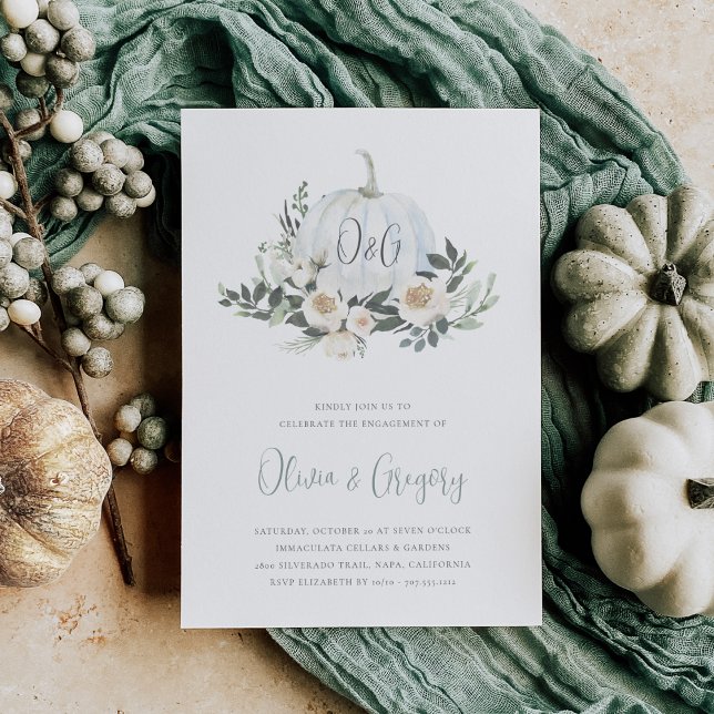 White Autumn Pumpkin Greenery Engagement Party Invitation (Creator Uploaded)