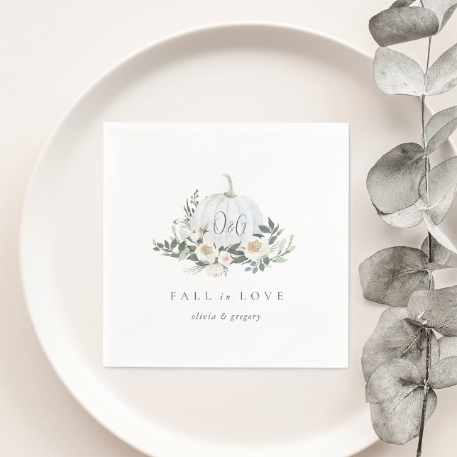 White Autumn Pumpkin Greenery "Fall in Love" Napkin (Creator Uploaded)