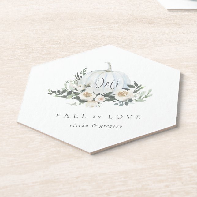 White Autumn Pumpkin Greenery "Fall in Love" Paper Coaster (Angled)