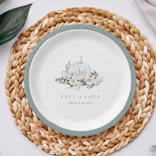 White Autumn Pumpkin Greenery "Fall in Love" Paper Plate
