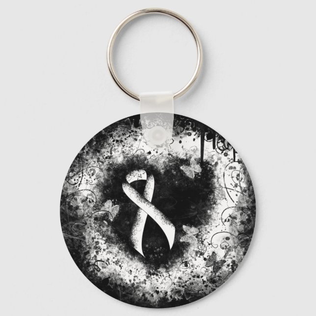 White Awareness Ribbon Grunge Heart Keychain (Front)