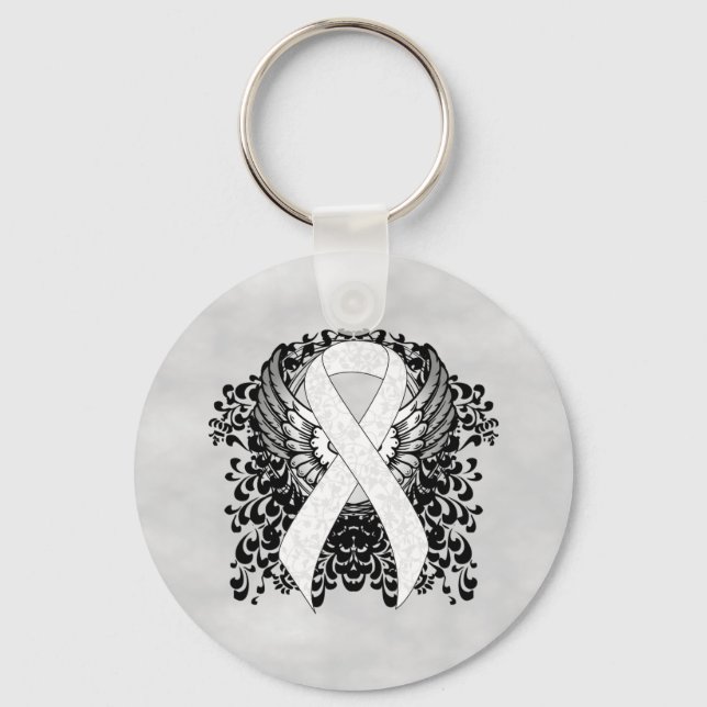 White Awareness Ribbon with Wings Keychain (Front)
