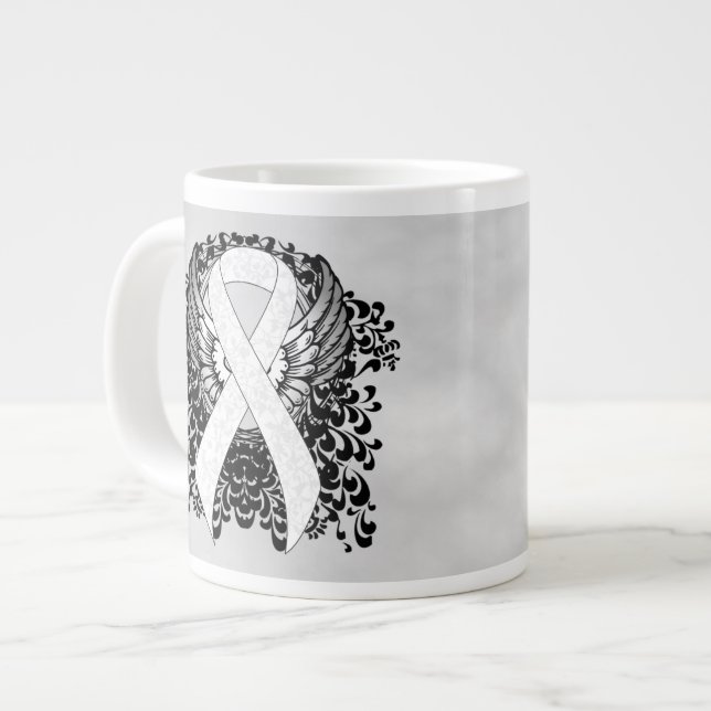 White Awareness Ribbon with Wings Large Coffee Mug (Front Left)