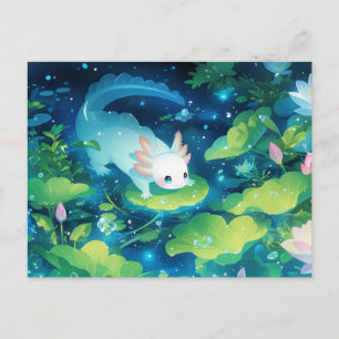 White Axolotl in Magical Night Lily Pond Postcard