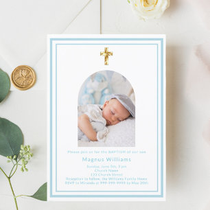 White baby blue photo arch boy Baptism Invitation