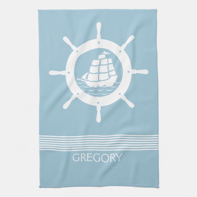 White & Baby Blue Stripes And Nautical Boat Wheel Kitchen Towel (Vertical)
