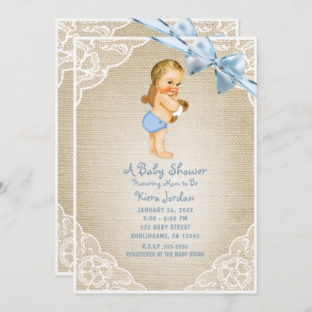 White Baby Boy Bear & Blue Bow Burlap Baby Shower Invitation (Front/Back)