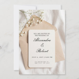 White Baby Breath Tan Envelope Wedding Invitation