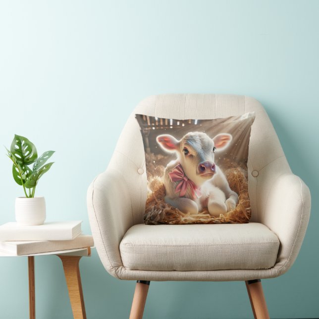 White Baby Calf In Barn Stall Throw Pillow (Chair)