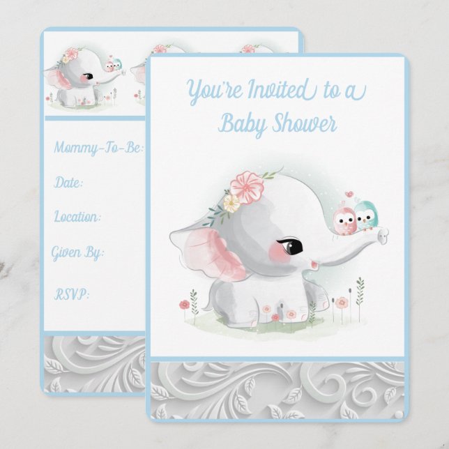 White Baby Elephant Invitation (Front/Back)