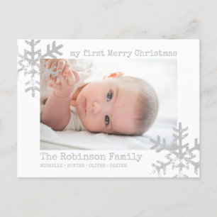 White Baby First Christmas Photo Snowflakes Holiday Postcard
