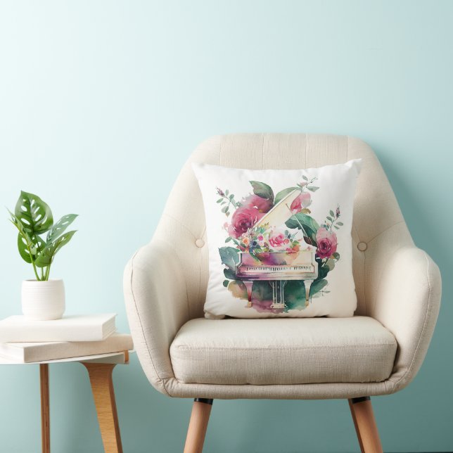 White Baby Grand Piano Watercolor Throw Pillow (Chair)