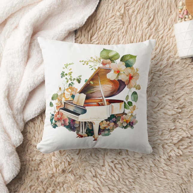 White Baby Grand Piano Watercolor Throw Pillow (Blanket)