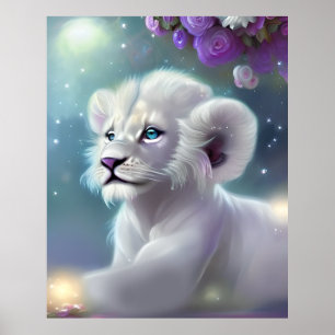 White Baby Lion Cub Fantasy Poster