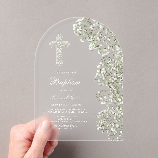 White Baby's Breath Arch Baptism Acrylic Invitations (Insitu (Handheld))