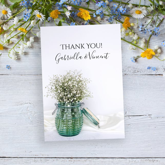 White Babys Breath Blue Jar Wedding Thank You Note Card (Creator Uploaded)