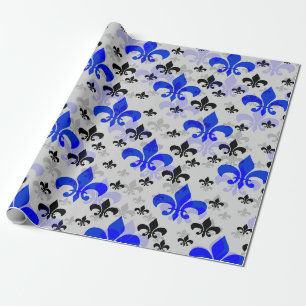 White Background Blue Black Fleur De Lis Wrapping Paper