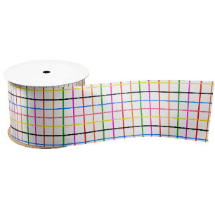 White Background Colourful Windowpane Plaid Design Satin Ribbon