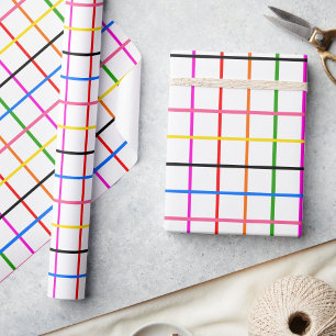 White Background Colourful Windowpane Plaid Design Wrapping Paper
