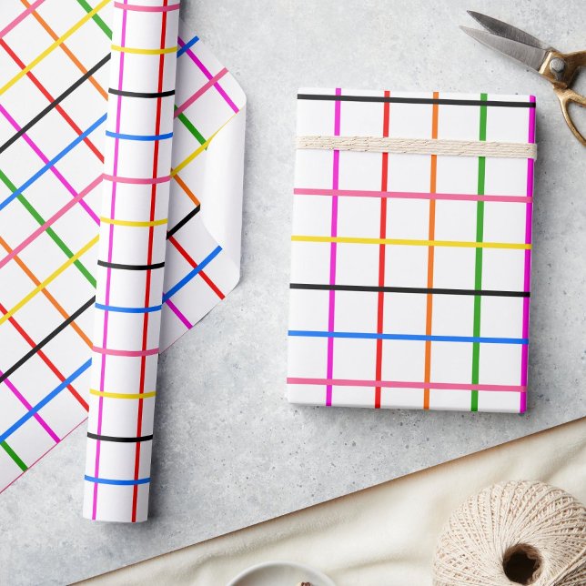 White Background Colourful Windowpane Plaid Design Wrapping Paper (Creator Uploaded)
