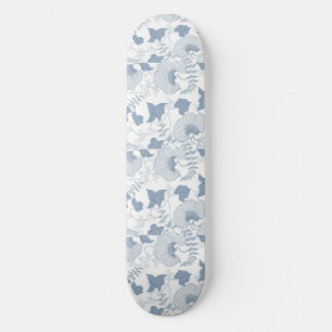 White Background Delicate Blue Japanese Flowers Skateboard