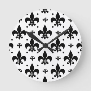 White Background Fleur-de-lis Pattern Design  Round Clock
