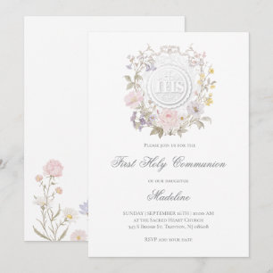 white background floral frame first communion  invitation