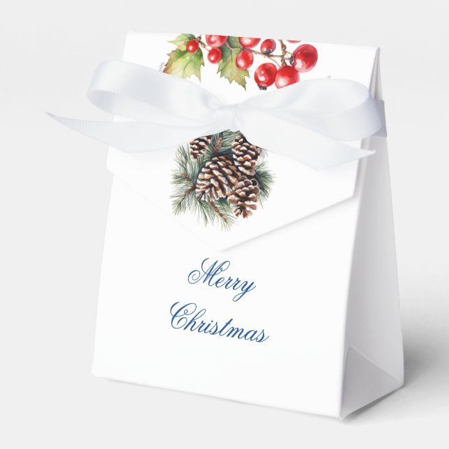 White Background Pine Cones & Red Berries Gift Favor Box (Front Side)