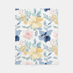 White Background Watercolor Floral Design Fleece Blanket