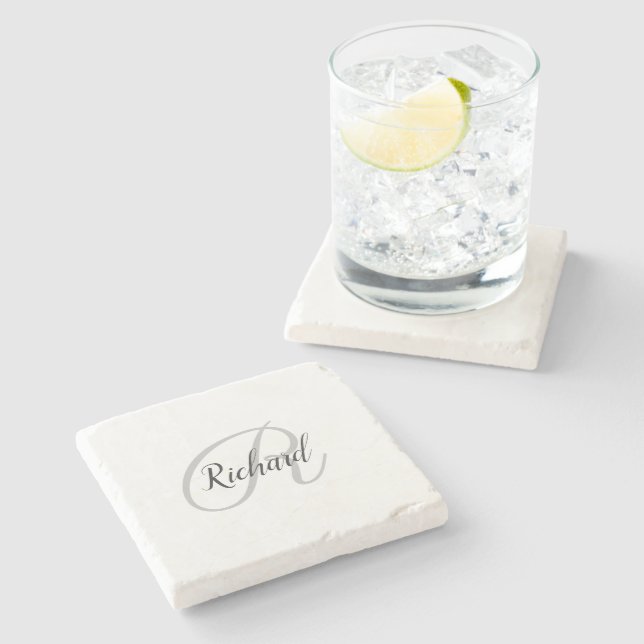 White Background With Monogram   Stone Coaster (Side)