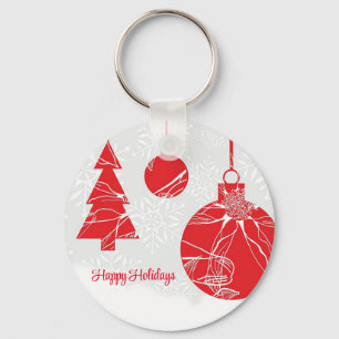 White Background with Snowflakes and Red Balls Keychain
