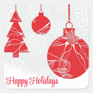 White Background with Snowflakes and Red Balls Square Sticker