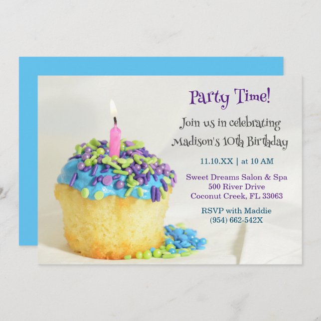 White  Balloon blue cupcake Birthday Invitation  (Front/Back)