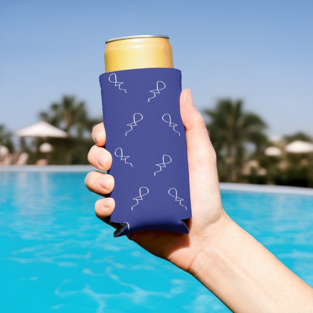 White balloons drawing on navy blue seltzer can cooler (In Situ Pool)