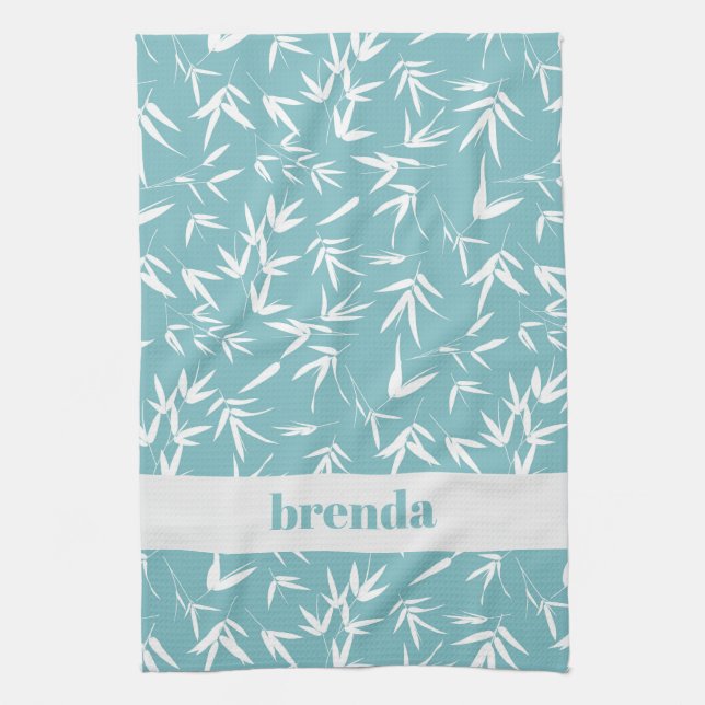 White bamboo leaves on teal background kitchen towel (Vertical)